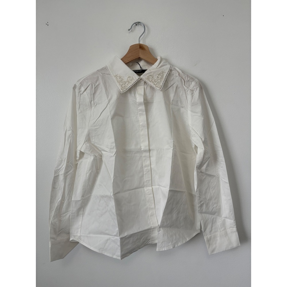 Women's Allegra K Embroidered Collar Button-Down Shirt White Size Small — image 2 of 5